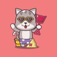 niedliche katzen-karikatur-maskottchen-figur in der sonnenbrille spielen sandstrand vektor