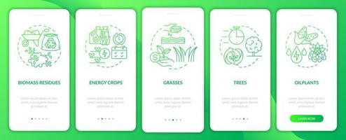 Biomasse-Ressourcen auf dem grünen Farbverlauf des Bauernhofs beim Onboarding des mobilen App-Bildschirms. Komplettlösung 5 Schritte grafische Anleitungsseiten mit linearen Konzepten. ui, ux, gui-Vorlage. Unzählige pro-fette, normale Schriftarten werden verwendet vektor