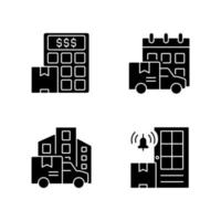 internationell leverans företag svart glyph ikoner på vitt utrymme. beräkning av paketsändningskostnad. frakttjänster för varor. siluett symboler. vektor isolerade illustration