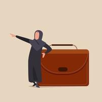 business concept design arabische geschäftsfrau, die sich auf eine riesige aktentasche aus leder stützt und nach vorne zeigt. Managerin steht in Ruhestellung und denkt an den Erfolg. flache Karikatur der Vektorillustration
