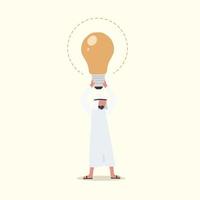 affärsidé design arabisk affärsman lyfter stor glödlampa över huvudet. metafor för nya affärsidéer och entreprenörskap. kreativitet, insikter, inspiration. vektor illustration platt tecknad