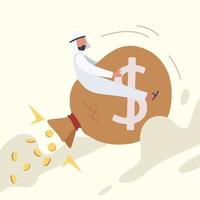 geschäftskonzept flacher glücklicher arabischer geschäftsmann, der raketengeldsack mit dollarzeichen reitet, das durch himmel fliegt. finanzieller erfolg, kreative geschäftsidee, um das erfolgsziel zu erreichen. Design-Vektor-Illustration