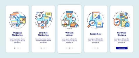 medarbetarövervakningsprogramvarufunktioner på skärmen för mobilappar. arbetskontroll genomgång 5-stegs grafiska instruktioner med koncept. ui, ux, gui vektormall med linjära färgillustrationer vektor