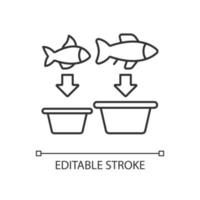 Lineares Symbol für Fischsortierung. Sortieren und Trennen von Fischprodukten. Sortiertisch und Maschine. dünne linie anpassbare illustration. Kontursymbol. Vektor isoliert Umrisszeichnung. editierbarer Strich