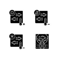 Fischprodukte sterilisieren schwarze Glyphen-Symbole auf weißem Raum. Wärmebehandlung und Gefriertrocknung. kaufmännische Verarbeitung. illegale Fischerei. Silhouettensymbole. vektor isolierte illustration