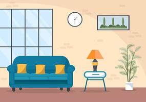 flache designillustration der wohnmöbel, damit das wohnzimmer bequem ist wie ein sofa, ein schreibtisch, ein schrank, lichter, pflanzen und wandbehänge vektor