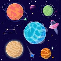 Sats av tecknad planeter och rymdelement. Vektor illustration