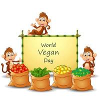 World Vegan Day textdesign på skylt med grönsaker och apor vektor