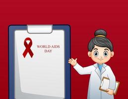 Ein Arzt, der ein Klemmbrett mit Text Welt-Aids-Tag und roter Schleife präsentiert vektor