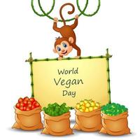 World Vegan Day textdesign på skylt med grönsaker och apa vektor