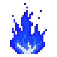 Pixel blau brennendes Plasma-Lagerfeuer-Symbol. Flammendes Feuer mit glühender Kernflamme nach starker Explosion mit fliegenden Vektorfunken. vektor