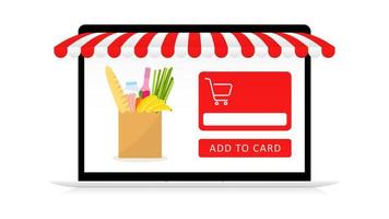 produkter som handlar i onlineansökningsmall. digital bärbar dator med rödrandig baldakin och paketera utvald mat på skärmen. supermarket webborder med snabb vektorleverans vektor