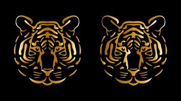 goldenes Tigerkopf-Logo. bunte emblemsilhouette der räuberischen riesigen nachdenklichen katze. Symbol für gefährliche Macht und bestialische Macht in Deluxe-Vektorgravur.