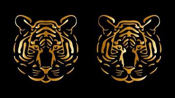 guld tigerhuvud logotyp. färgglada emblem silhuett av rovdjur enorma fundersam katt. symbol för farlig makt och bestialisk makt i lyxig vektorgravyr. vektor