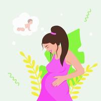 lycklig gravid kvinna tänker på baby illustration. leende flicka i rosa klänning och snygg frisyr håller hennes mage. kärleksfull förväntan av efterlängtade barn vektor. vektor