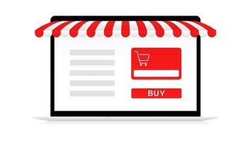 Online-Shopping-Shop mit Notebook-Vorlage. Listen Sie Dinge mit rotem Wagen und Baldachin auf dem Bildschirm-Gadget auf. profitable Einkäufe mit digitaler Zahlung und schneller Vektorlieferung vektor