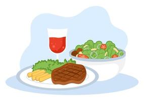 essen zu jeder mahlzeit mit gesundheitsvorteilen, ausgewogener ernährung, vegan, ernährung und das essen sollte jeden tag in flacher hintergrundillustration gegessen werden vektor