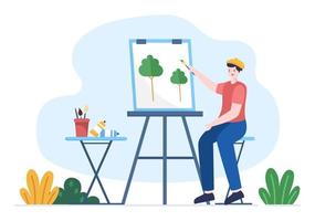 måla utomhus platt illustration med någon som målar med staffli, duk, penslar och akvarell för affisch eller workshopdesign vektor