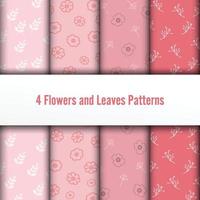4 gesetzte nahtlose Blumen- und Blättervektormuster. Die romantische schicke Textur kann zum Drucken auf Stoff und Papier oder zur Schrottbuchung verwendet werden. rosa farben. vektor
