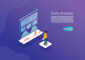 isometrisches datenanalysekonzeptbanner. kann für Webbanner, Infografiken, Heldenbilder verwendet werden. flache isometrische vektorillustrationen mit trendigen farbverläufen vektor