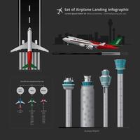 Set av flygplan Landing Infographic med Control Tower Isolerade Vector Illustration