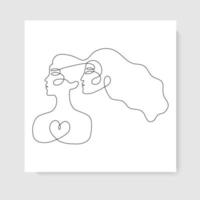 två kvinna ansikten abstrakt en kontinuerlig linje porträtt. modern minimalistisk stilillustration för affischer, t-shirttryck, avatarer, pstcard och broschyr. älskare, romantiska, vänner, systrar koncept vektor
