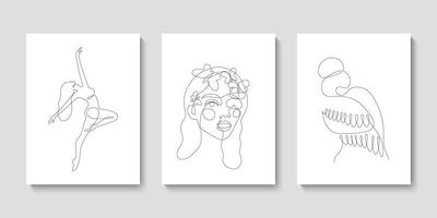set med 3 kvinna abstrakt en kontinuerlig linje porträtt. modern minimalistisk stilillustration för affischer, t-shirttryck, avatarer, vykort. en rad rita grafisk design vektor