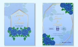 blå bröllopskortsmall med blå rosa blommig ram av vektordesign vektor