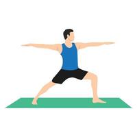 Yoga-Mann in Virabhadrasana 2 oder Krieger II-Pose. männliche zeichentrickfigur, die hatha yoga praktiziert. mann, der übung während des gymnastiktrainings demonstriert. flache vektorillustration. vektor