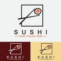 sushi logotyp mall. vektor ikon stil illustration bar eller butik, sushi, lax rulle, sushi och rullar med ätpinne bar eller restaurang vektor logotyp mall