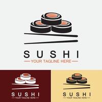 sushi logotyp mall. vektor ikon stil illustration bar eller butik, sushi, lax rulle, sushi och rullar med ätpinne bar eller restaurang vektor logotyp mall