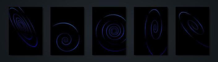 uppsättning abstrakta blå spiral moderna svarta bakgrunder, trendig minimalistisk virvel levande blå gradient affischer samling. coola omslag, plakat, banderoller, kort med kopieringsutrymme för din text vektor