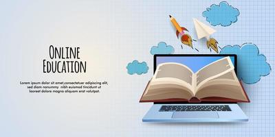 onlineutbildning med laptop och bok. redo att lära sig. vektor