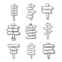 nio skyltar inlägg doodle monokrom på vit siluett och grå skugga. vektor illustration.
