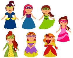 kleine Mädchen im Prinzessinnenkostüm in Maskerademaske und Kostüm. eine Reihe süßer Kinder, die als Könige verkleidet sind. vektor