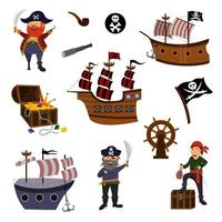 Eine Reihe charmanter Piraten, ein Segelschiff, eine Schatzkiste isoliert auf weißem Hintergrund. kinderillustration in einem flachen karikaturstil vektor