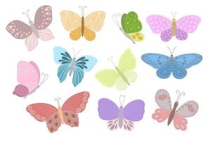 ausgefallener kleiner bunter schmetterling set einfache flache vektorillustration, symbol für osterferien, frühling oder sommer, feierdekor, clipart für karten, banner, frühlingsdekoration, niedliches insekt vektor