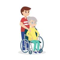 Enkel kümmert sich um die Großmutter im Rollstuhl. vektor