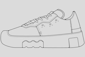 skor sneaker kontur ritning vektor, sneakers ritade i en skiss stil, svart linje sneaker utbildare mall kontur, vektor illustration.