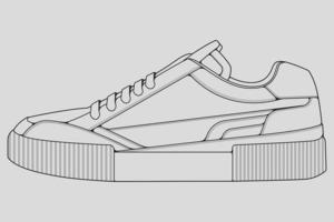 skor sneaker kontur ritning vektor, sneakers ritade i en skiss stil, svart linje sneaker utbildare mall kontur, vektor illustration.