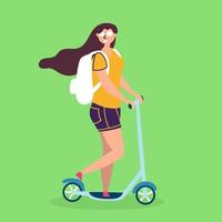 Das Mädchen mit Sonnenbrille fährt einen Roller. umweltfreundlicher Transport vektor