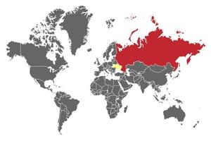 graue Weltkarte mit rotem Russland und gelber Ukraine. vektor