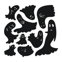 Geister-Silhouette-Set. Schwarz auf Weiß lustige Geister mit Emotionen. eine Sammlung von niedlichen gespenstischen Monstern. Vektorgrafik auf Lager isoliert auf weißem Hintergrund. vektor