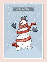 en handritad snögubbe insvept i en röd halsduk står under ett snöfall i en hatt, viftar med sina handskar och önskar en god jul. vektor lager gratulationskort illustration i blå färger.
