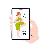 flicka mediterar stående på ett ben i telefonskärmen med signaturen yoga tid. vektor lager illustration handen håller telefonen isolerad. koncept för sociala tillämpningar av onlineutbildning.