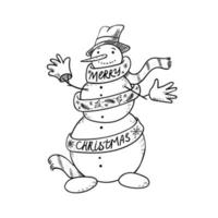 en söt doodle snögubbe i en lång halsduk, handskar och en hatt ler och vinkar och önskar en god jul. handritad symbol för vinterkul. vektor stock illustration isolerad på vit bakgrund.