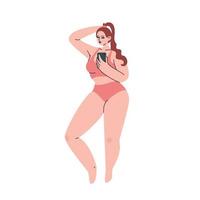handgezeichnetes rothaariges Mädchen in Übergröße im trendigen Badeanzug. Ein dickes Mädchen fotografiert auf einem Smartphone. Brünette in Sportbekleidung und ein Brötchen auf dem Kopf. isolierte Illustration des Vektorvorrates in der Karikaturart. vektor