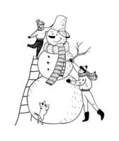 Ein handgezeichneter Doodle-Schneemann, der von einem Vater und einem Sohn gebaut wurde. Ein Junge, der auf der Treppe steht, stellt einem Schneemann einen Eimer auf den Kopf. Papa hilft seinem Sohn Winterspaß. Vektorvorratillustration. vektor