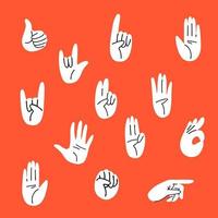 Cartoon-Reihe von Gesten, flacher Stil. hände verschiedene bewegungen handgezeichnete handflächen, finger mit zahlen, wie, faust, stopp, ok. Vektorhände in weißen Handschuhen auf rotem Hintergrund. Lagerabbildung