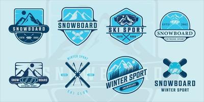 uppsättning snowboard eller ski logotyp modern vintage vektor illustration mall ikon grafisk design. bunt samling av olika moderna färg extrem sport tecken eller symbol för vinter affärsidé